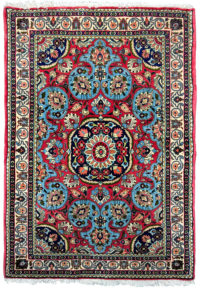 Full view of a Persian Bijar rug showcasing rich red and navy blue colors with detailed floral and medallion patterns on a 3'7" x 5'2" size, perfect for collectors of handmade wool rugs Full view of a Persian Bijar rug showcasing rich red and navy blue colors with detailed floral and medallion patterns on a 3'7" x 5'2" size, perfect for collectors of handmade wool rugs