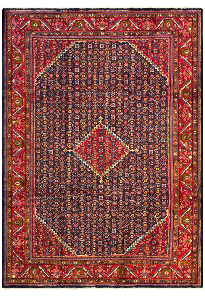 Top view of a 9'3 x 12'9 Persian Mahal Rug showcasing intricate floral and geometric patterns in rich navy and red colors. The central field features a complex array of floral motifs set against a dark navy background, while the vibrant red border is adorned with detailed geometric and botanical designs. The craftsmanship is highlighted by the harmonious balance of colors, creating a visually striking and elegant piece suitable for any sophisticated interior. Top view of a 9'3 x 12'9 Persian Mahal Rug showcasing intricate floral and geometric patterns in rich navy and red colors. The central field features a complex array of floral motifs set against a dark navy background, while the vibrant red border is adorned with detailed geometric and botanical designs. The craftsmanship is highlighted by the harmonious balance of colors, creating a visually striking and elegant piece suitable for any sophisticated interior.