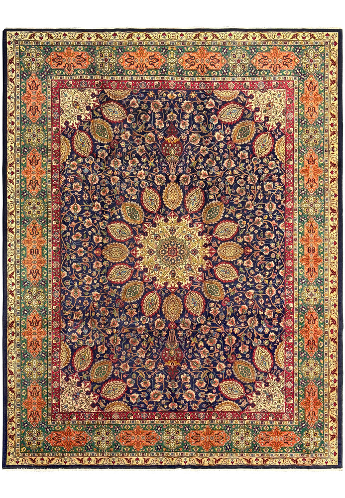 A close-up view of a Persian Tabriz Rug highlighting the intricate floral and medallion design. The rich navy blue background is adorned with vibrant red, green, and gold patterns, showcasing the meticulous craftsmanship and detailed knotting that are characteristic of Tabriz rugs. The central medallion is surrounded by an elaborate arrangement of flowers and leaves, adding to the rug's visual appeal and elegance. A close-up view of a Persian Tabriz Rug highlighting the intricate floral and medallion design. The rich navy blue background is adorned with vibrant red, green, and gold patterns, showcasing the meticulous craftsmanship and detailed knotting that are characteristic of Tabriz rugs. The central medallion is surrounded by an elaborate arrangement of flowers and leaves, adding to the rug's visual appeal and elegance.