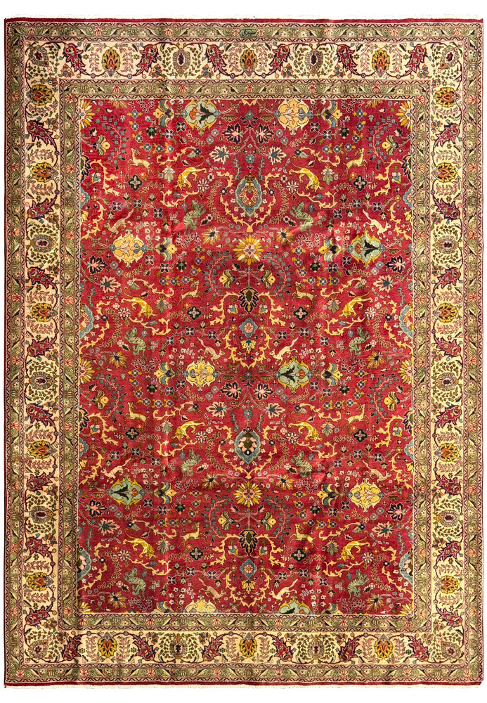 9'6 x 13 Persian Tabriz Rug featuring a vibrant red background adorned with intricate floral and animal motifs. The rug showcases traditional Persian designs with detailed patterns in beige, green, yellow, black, blue, and pink, making it a stunning centerpiece for any room. This handwoven masterpiece combines elegance and craftsmanship, ensuring durability and timeless beauty. 9'6 x 13 Persian Tabriz Rug featuring a vibrant red background adorned with intricate floral and animal motifs. The rug showcases traditional Persian designs with detailed patterns in beige, green, yellow, black, blue, and pink, making it a stunning centerpiece for any room. This handwoven masterpiece combines elegance and craftsmanship, ensuring durability and timeless beauty.