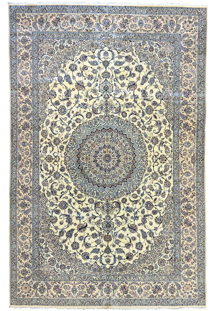 Top view of a 13 x 20 Persian Nain 9LAA Wool & Silk Rug with intricate floral medallion and border design Top view of a 13 x 20 Persian Nain 9LAA Wool & Silk Rug with intricate floral medallion and border design