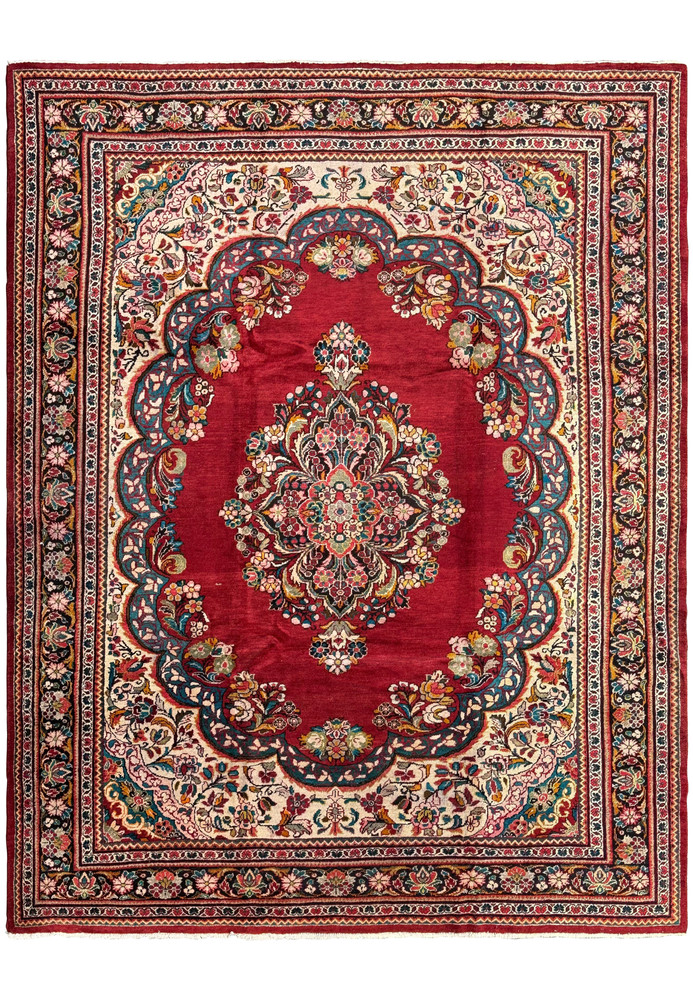 Top view of a 10'7 x 13'5 distressed Persian Mahal rug showcasing its intricate medallion and floral motifs.