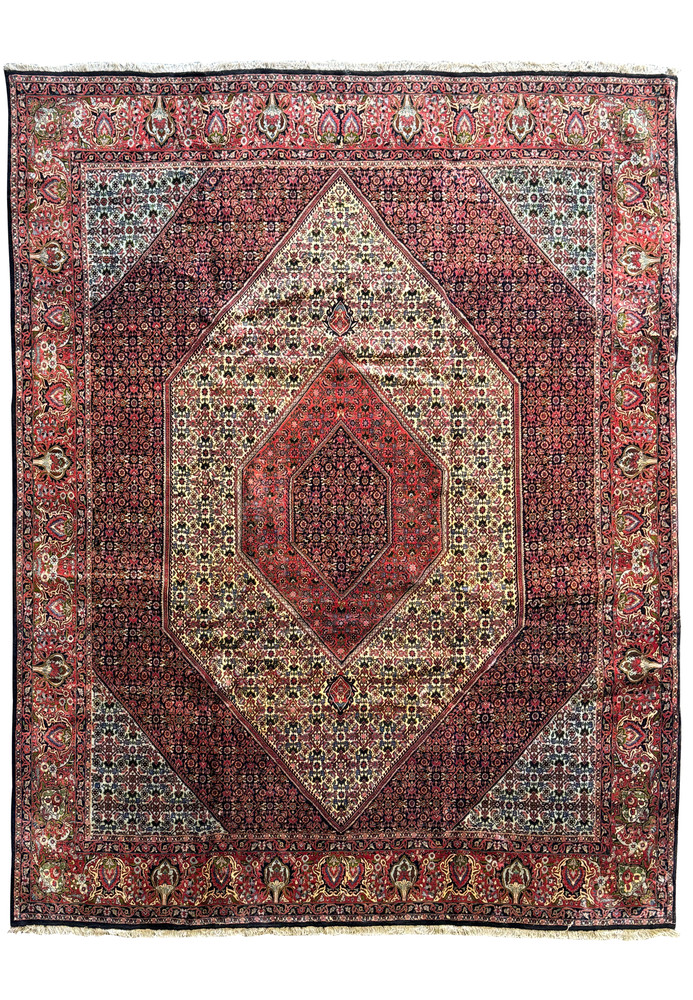 Full view of the Persian Bijar Rug showcasing the central medallion and border design. Full view of the Persian Bijar Rug showcasing the central medallion and border design.