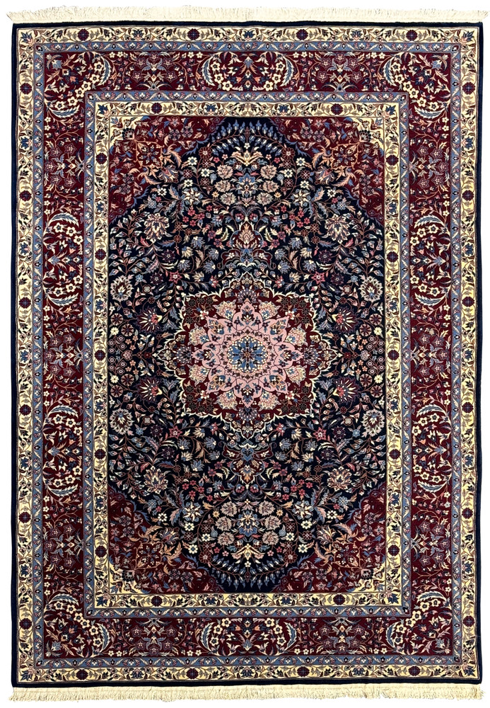 Full view of 6'2 x 9'6 Persian Isfahan Wool and Silk Rug with vibrant colors Full view of 6'2 x 9'6 Persian Isfahan Wool and Silk Rug with vibrant colors