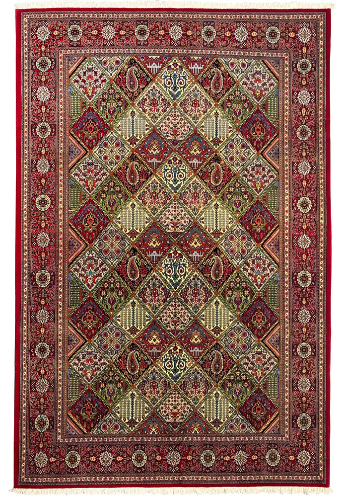 Hand-knotted 6'8 x 10 Persian Qum rug with intricate floral and geometric patterns, featuring rich red, beige, green, and blue colors Hand-knotted 6'8 x 10 Persian Qum rug with intricate floral and geometric patterns, featuring rich red, beige, green, and blue colors