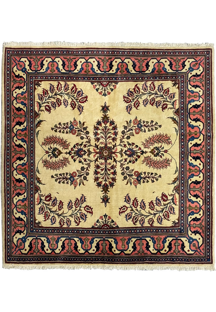 Front view of a 6'9 x 7'3 Persian Sarough Square Rug showcasing its intricate floral design. Front view of a 6'9 x 7'3 Persian Sarough Square Rug showcasing its intricate floral design.