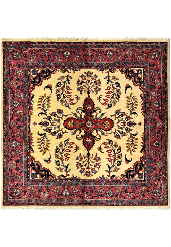 Full view of the 6'9 x 6'9 Persian Sarough Square Rug highlighting its vibrant colors and patterns. Full view of the 6'9 x 6'9 Persian Sarough Square Rug highlighting its vibrant colors and patterns.