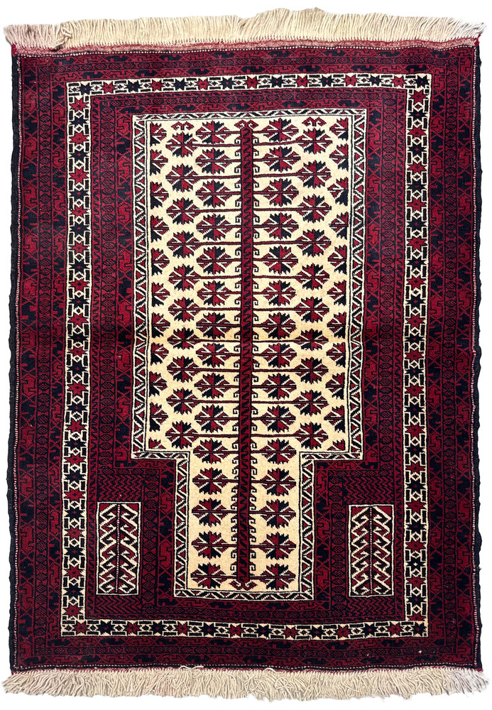 Top view of a 3'1 x 4'2 Persian Baluch rug showcasing intricate geometric patterns in red, blue, and ivory with a central prayer motif and fringed edges Top view of a 3'1 x 4'2 Persian Baluch rug showcasing intricate geometric patterns in red, blue, and ivory with a central prayer motif and fringed edges