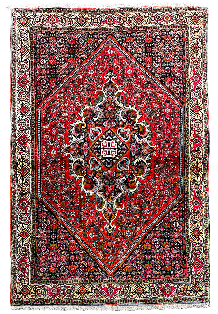 Full view of 3'9" x 5'6" Persian Bijar Rug displaying intricate medallion and floral patterns Full view of 3'9" x 5'6" Persian Bijar Rug displaying intricate medallion and floral patterns