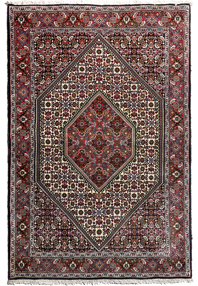 3'8" x 5'9" Persian Bijar rug featuring a central medallion with intricate floral motifs and geometric patterns