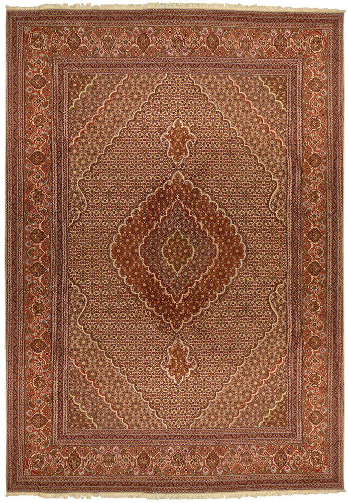 Full view of the 6'8 x 9'9 Persian Tabriz Mahi Rug laid flat on the floor showing the entire design. Full view of the 6'8 x 9'9 Persian Tabriz Mahi Rug laid flat on the floor showing the entire design.