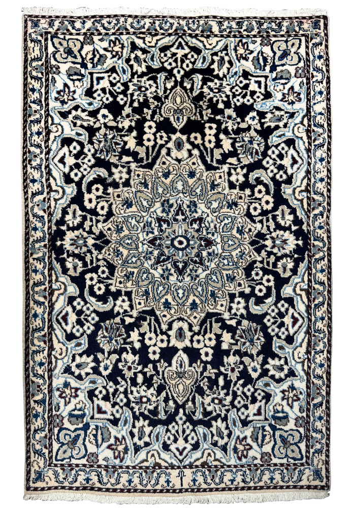 Full view of a 3x5 Persian Nain rug with intricate patterns and rich colors. Full view of a 3x5 Persian Nain rug with intricate patterns and rich colors.