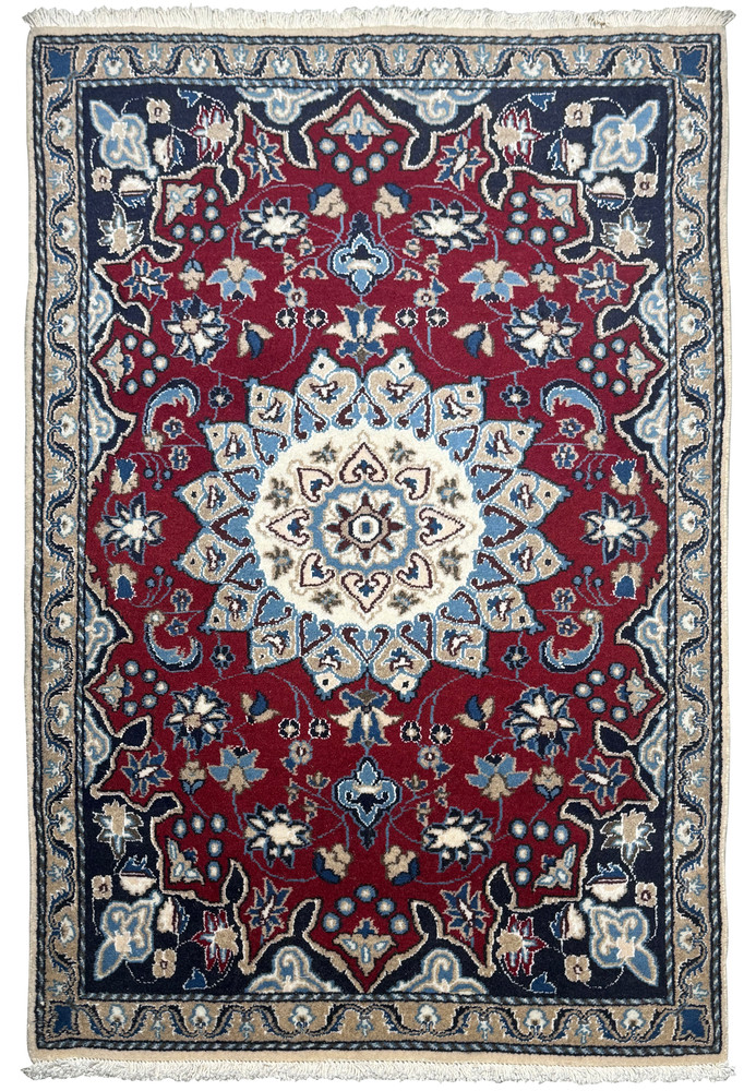 Full view of the 2'10" x 4'5" Red Persian Nain Rug with a central medallion and floral border in vibrant colors. Full view of the 2'10" x 4'5" Red Persian Nain Rug with a central medallion and floral border in vibrant colors.