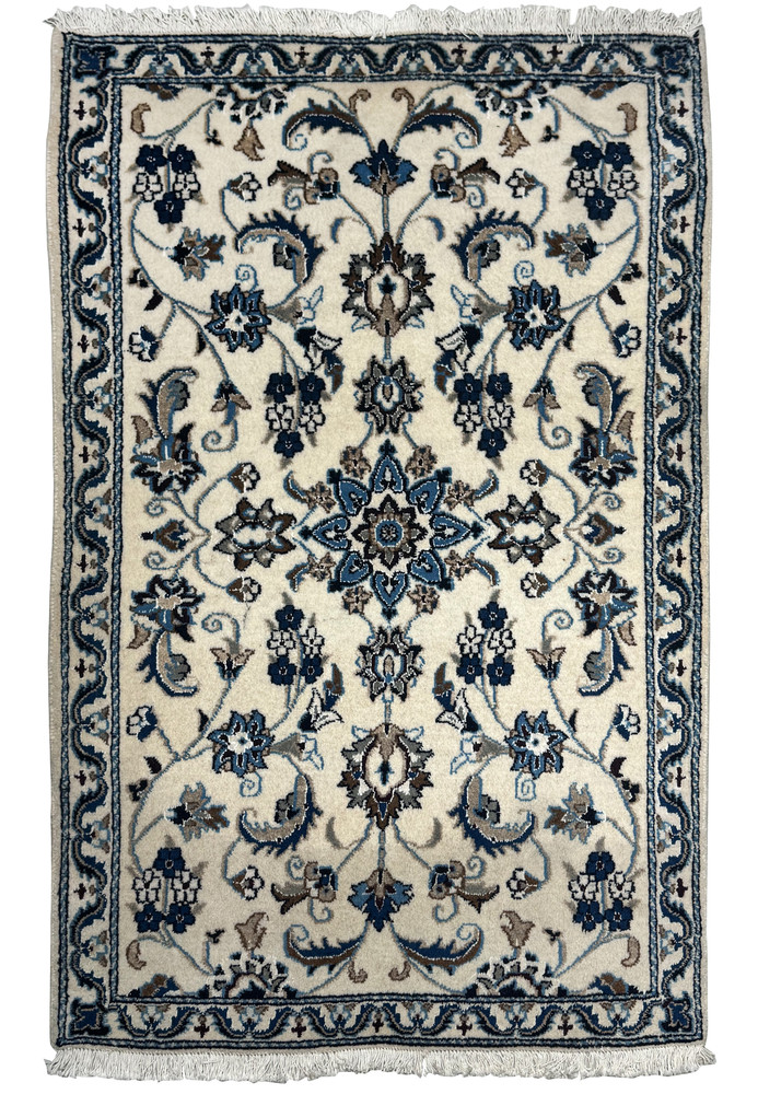 Full view of a 2'10" x 4'8" Persian Nain Rug with intricate floral and vine patterns in navy blue, sky blue, and beige. Full view of a 2'10" x 4'8" Persian Nain Rug with intricate floral and vine patterns in navy blue, sky blue, and beige.