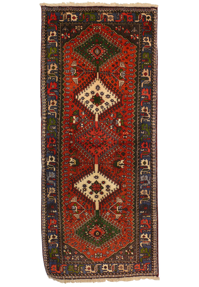 Overall view of a 2'8 x 6'3 Persian Yalameh Runner displaying the full design and colors. Overall view of a 2'8 x 6'3 Persian Yalameh Runner displaying the full design and colors.