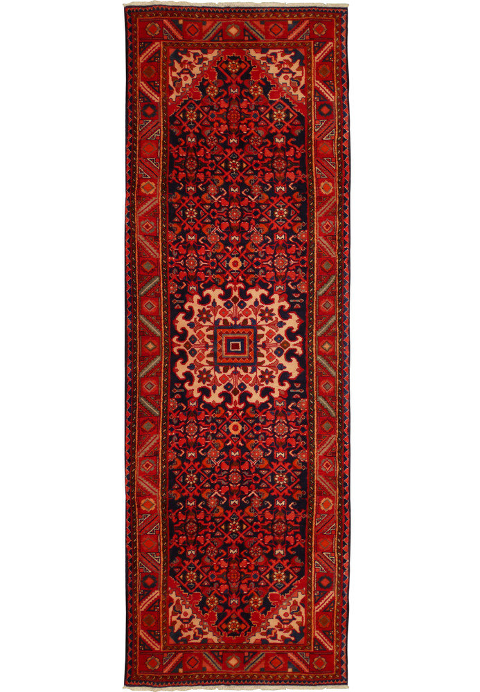 Full view of 3'6 x 10'6 Persian Hamedan Runner, highlighting detailed patterns and rich color palette.