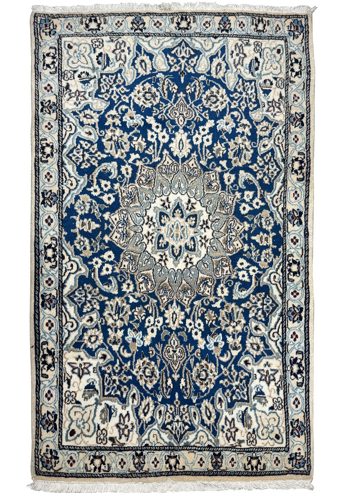 Full view of a 3x5 Persian Nain Rug featuring an intricate floral medallion design with detailed borders. Full view of a 3x5 Persian Nain Rug featuring an intricate floral medallion design with detailed borders.
