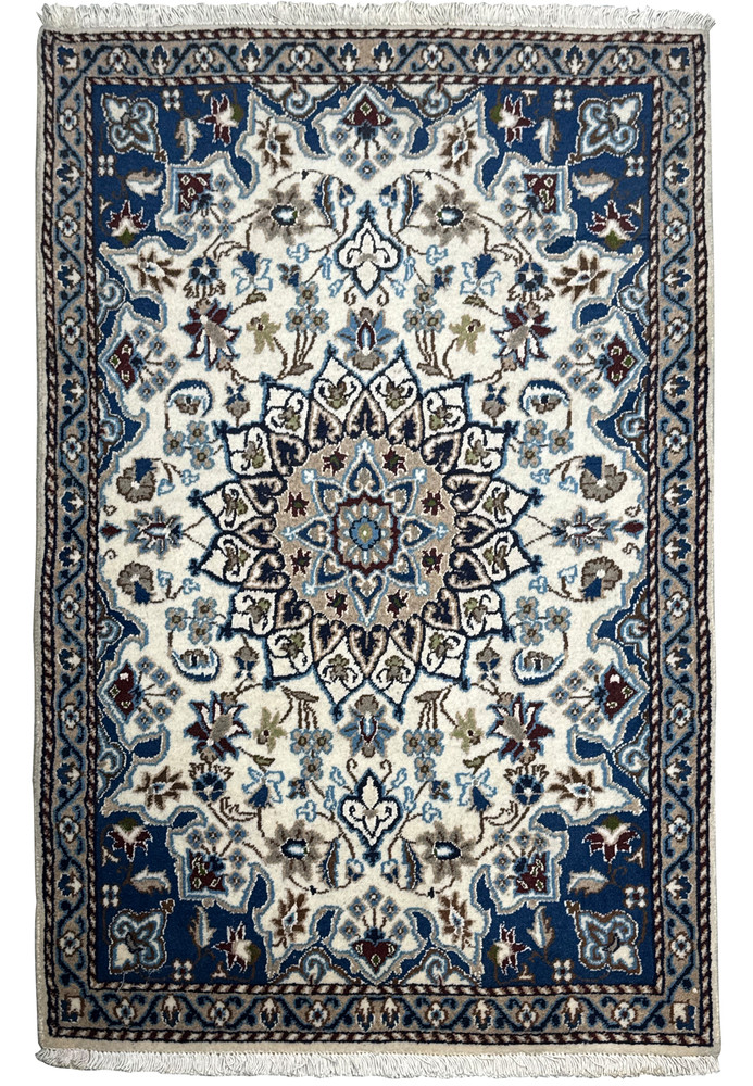 Full view of a 3 x 4'6 Nain Persian Rug with intricate medallion design and floral patterns in cream, blue, and brown hues.