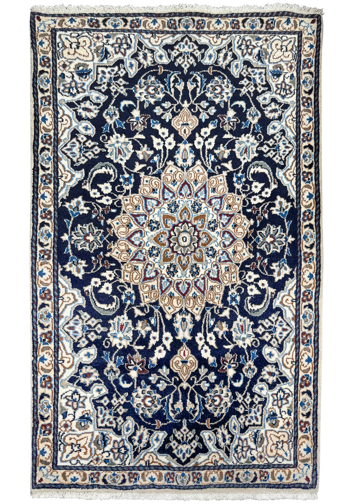 Full view of a 3x5'3 Persian Nain Rug showcasing intricate floral patterns and a central medallion. Full view of a 3x5'3 Persian Nain Rug showcasing intricate floral patterns and a central medallion.