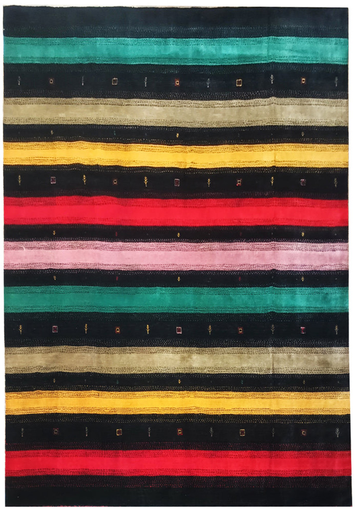 Full view of 8'3" x 9'11" colorful Gabbeh rug with vibrant stripes. Full view of 8'3" x 9'11" colorful Gabbeh rug with vibrant stripes.