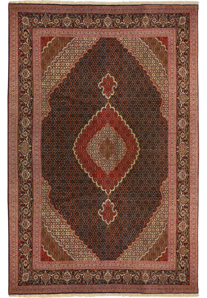 Full view of a 6'6 x 10'3 Persian Tabriz Mahi rug with intricate designs and vibrant colors. Full view of a 6'6 x 10'3 Persian Tabriz Mahi rug with intricate designs and vibrant colors.