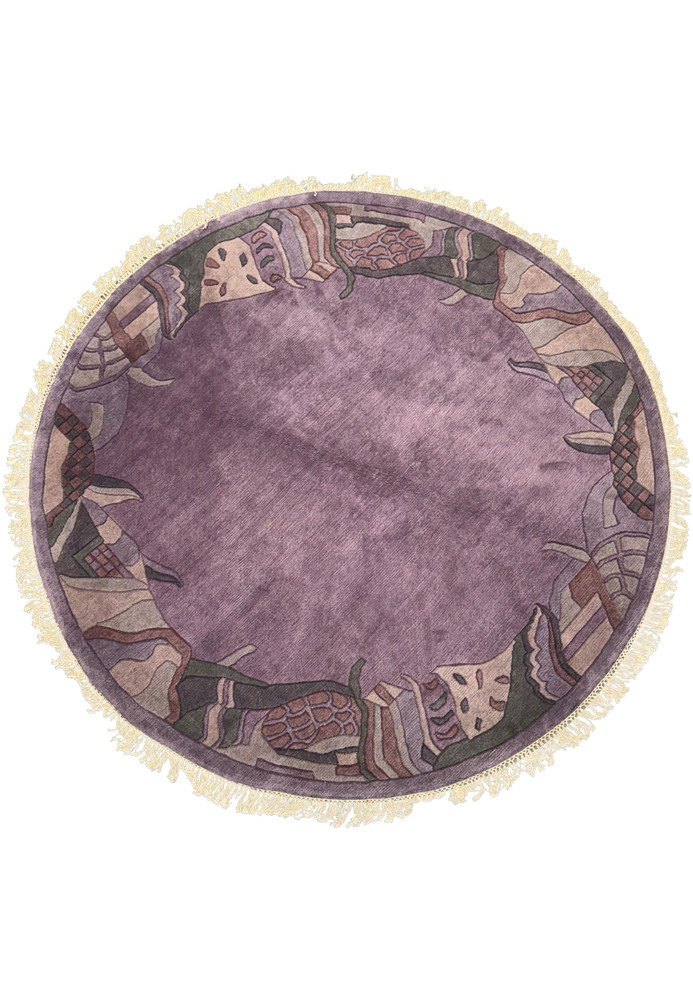 Round Nepali Art Deco Rug with Tibetan wool, 7'3 x 7'3, featuring intricate border designs in lavender, plum, beige, and green. Round Nepali Art Deco Rug with Tibetan wool, 7'3 x 7'3, featuring intricate border designs in lavender, plum, beige, and green.