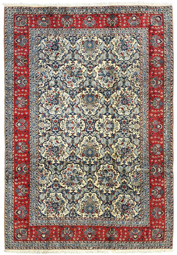 Entire view of the 8'2 x 11'6 Persian Kashan Rug with medallion and floral patterns. Entire view of the 8'2 x 11'6 Persian Kashan Rug with medallion and floral patterns.