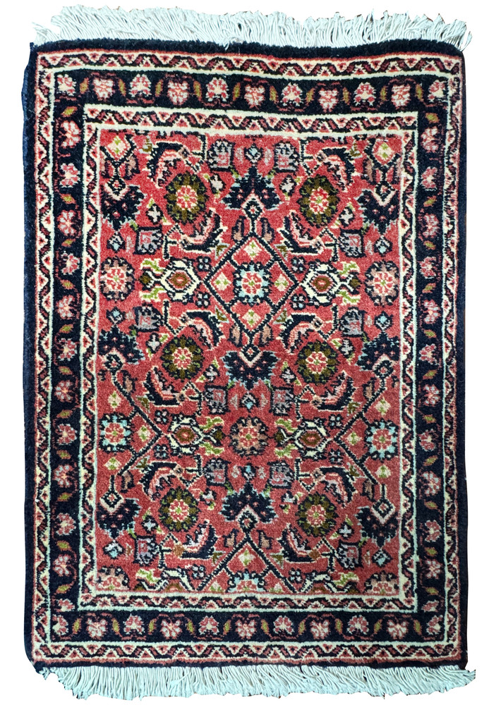 Full view of a 1'3 x 2' Persian Baby Bijar Rug featuring intricate red and navy floral designs with a geometric border.