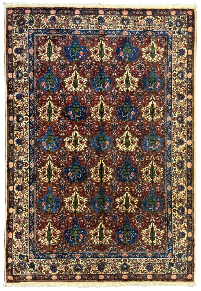 Full view of a 6'9 x 10'3 Persian Bakhtiar Rug, featuring intricate floral patterns, vines, trees, and birds in vibrant colors. Full view of a 6'9 x 10'3 Persian Bakhtiar Rug, featuring intricate floral patterns, vines, trees, and birds in vibrant colors.