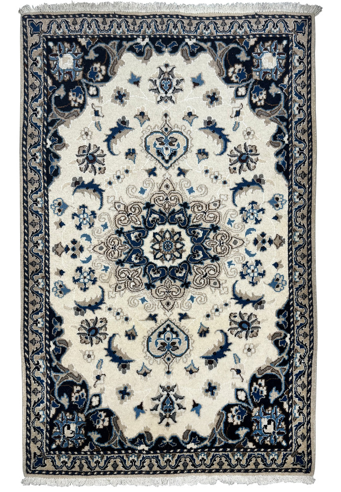 Full view of 3' x 4'8 Nain Persian rug showcasing a detailed central medallion and intricate floral designs in blue, beige, and ivory. Full view of 3' x 4'8 Nain Persian rug showcasing a detailed central medallion and intricate floral designs in blue, beige, and ivory.
