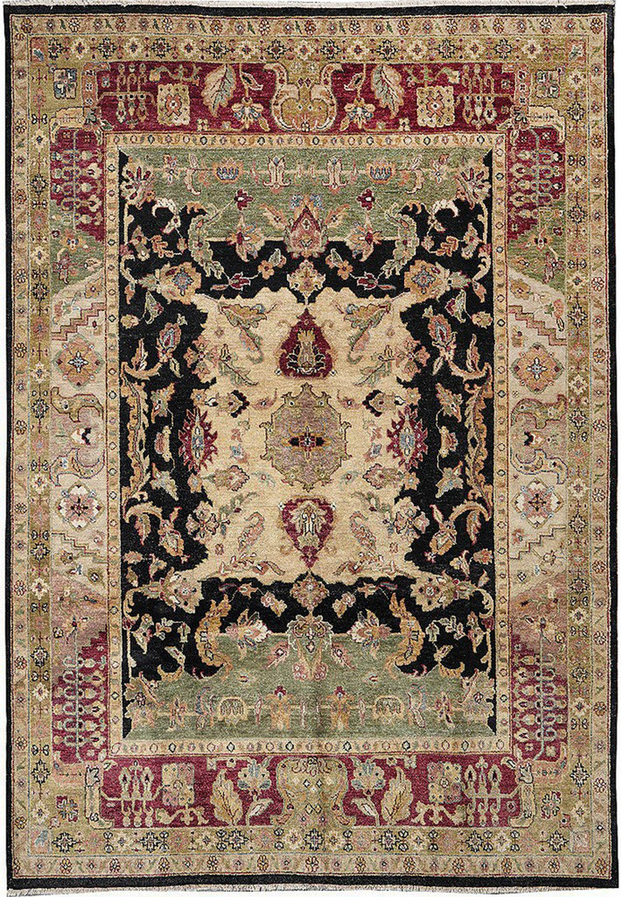 Full view of 8.5 x 11.6 Oriental Oushak rug with antique pattern in black, burgundy, and green wool