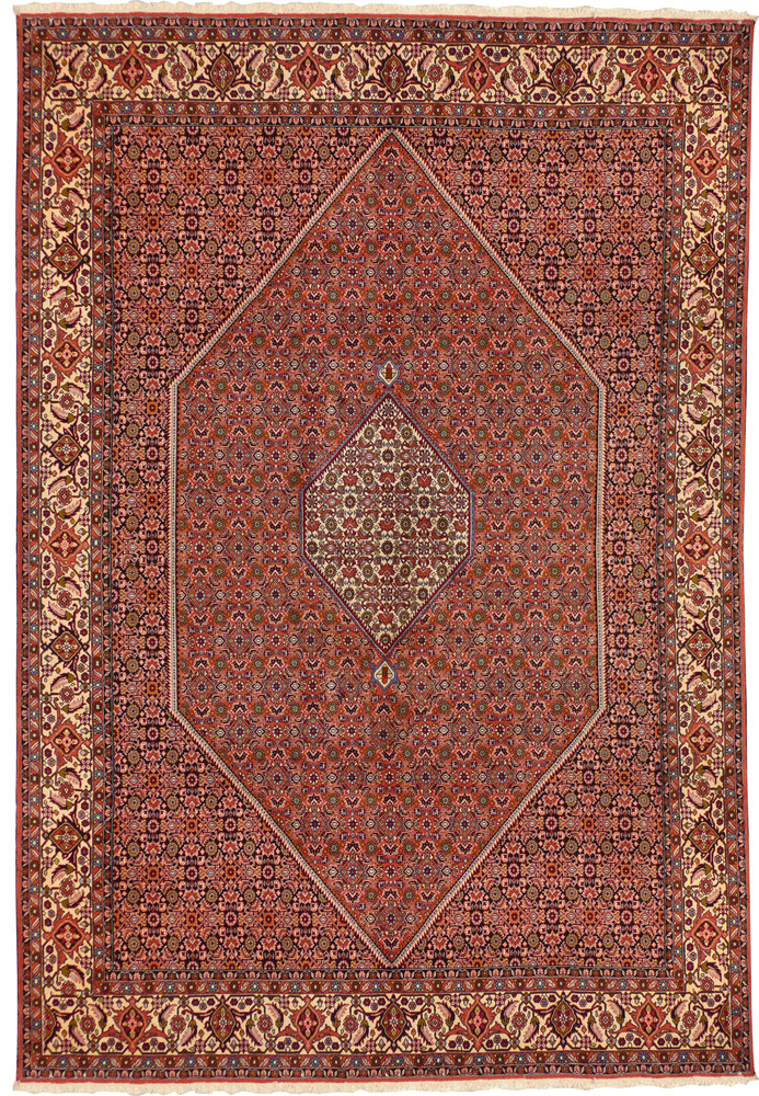 Full view of 8'4 x 11' Persian Bijar rug with central diamond medallion and intricate red field pattern