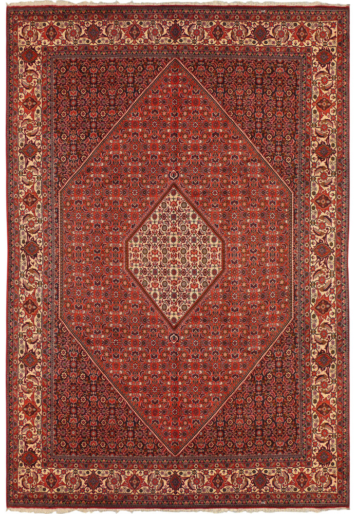 Overhead full view 8'2 x 11'5 Bijar Persian rug, rust field, ivory diamond medallion, dense floral lattice, wide ivory border.
