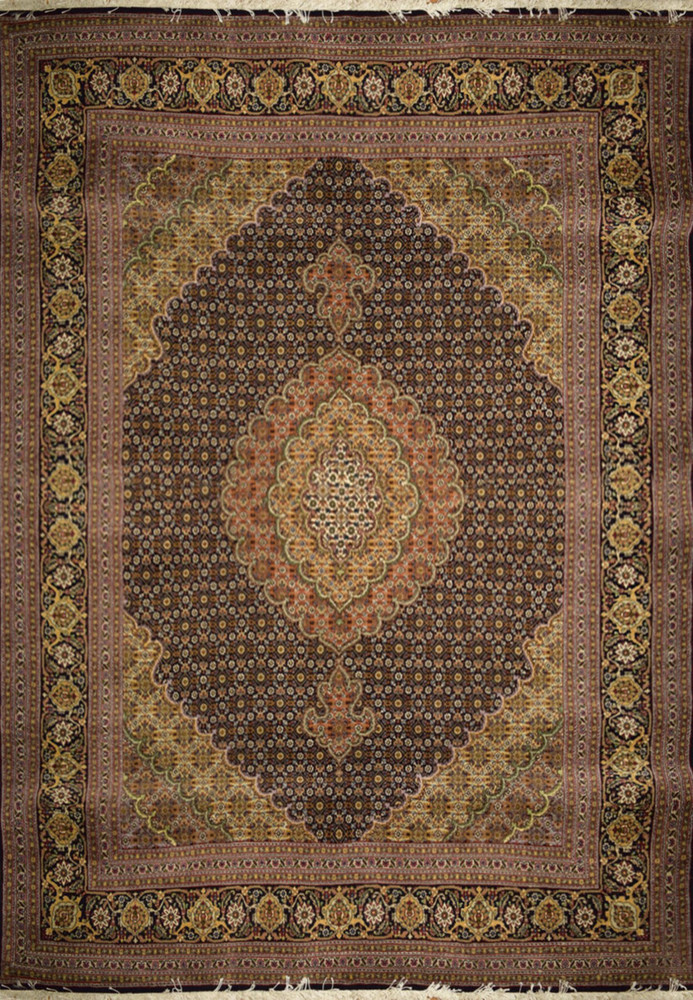 Full view 5×7 hand-knotted Persian Mahi Tabriz 50 Raj wool & silk rug with central medallion and floral border design