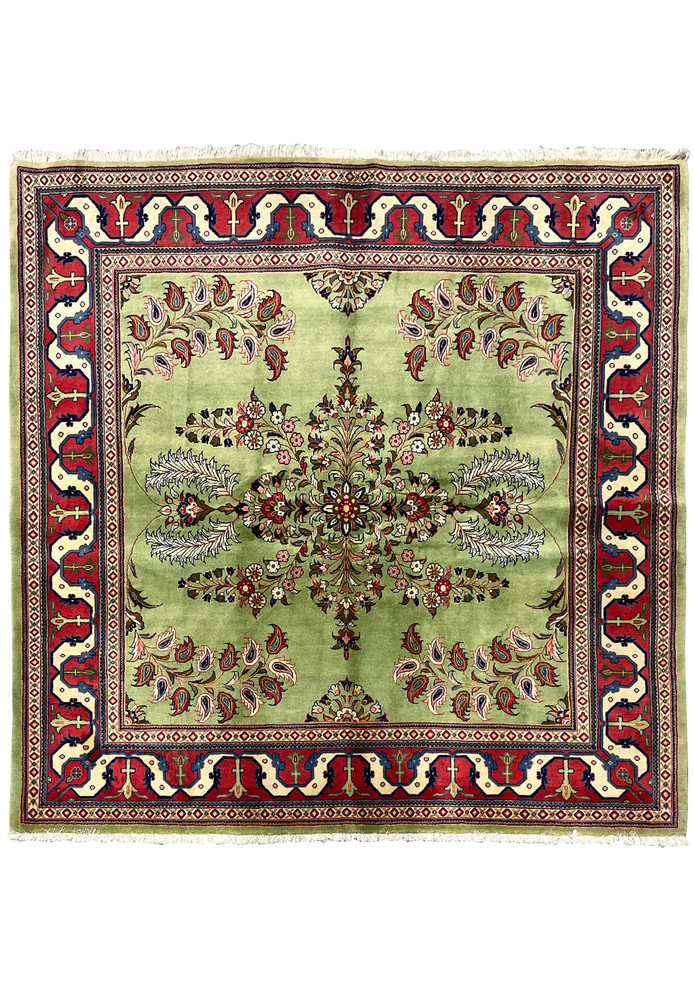 6'6 x 6'6 Square Green Sarough Persian Rug full view with central floral medallion and red border
