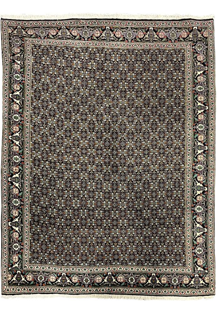 Full view of 5 x 6'5 Persian Tabriz Mahi 40 Raj Rug with intricate allover fish design