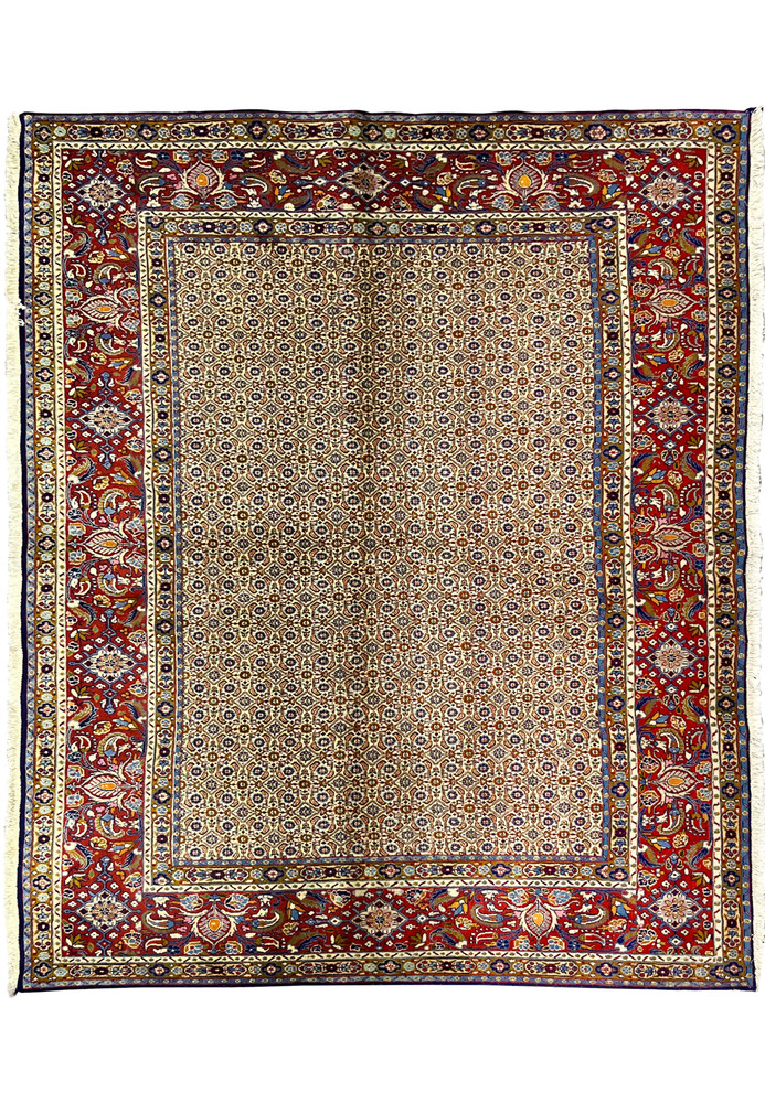 Full view of 6'4 x 8 Persian Moud All-Over Rug with ivory field and red border