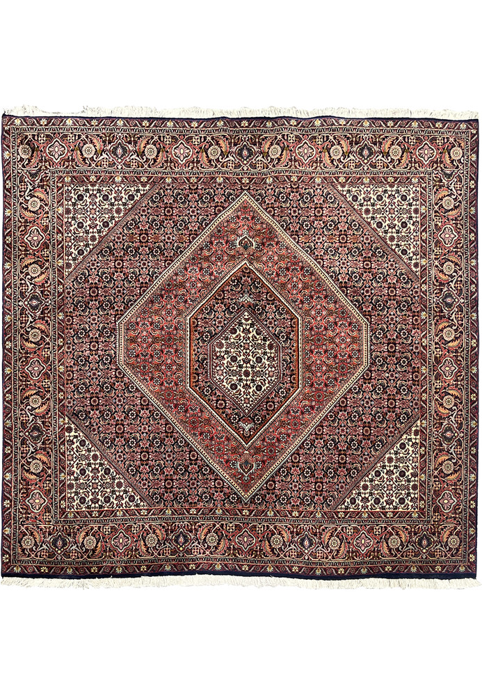 Full overhead view of 6'5" × 6'2" square Bijar Persian rug showing rust, navy, and ivory medallion pattern with floral lattice and ornate borders.