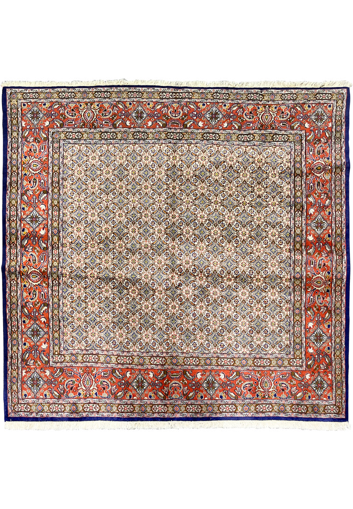 Full view of 6'4 x 6'6 square Persian Moud rug showing ivory Herati field and red floral border.