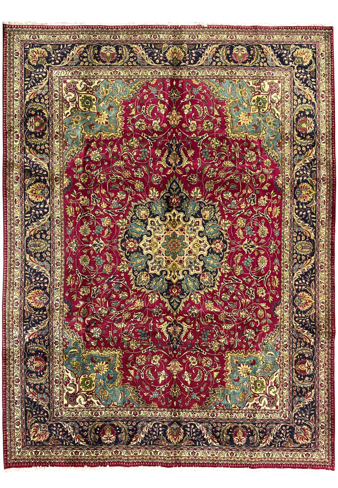 full view of 9'9 x 12'4 vintage Persian Tabriz rug with wine red field, ivory and navy medallion, teal corners, and ornate floral borders