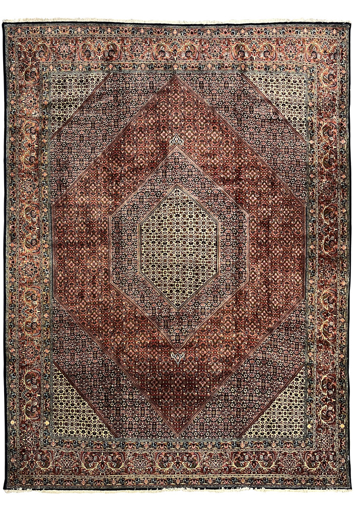 10x13'5 Persian Bijar Iron Rug with hexagonal medallion, brick red field, navy accents, and ivory corner designs.