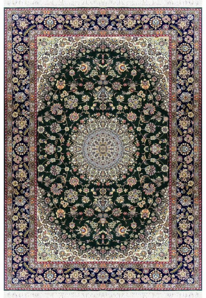 7x10 deep forest green Persian Nain 9LA rug with ivory medallion, navy floral border, fine wool and silk detail, hand knotted in Iran