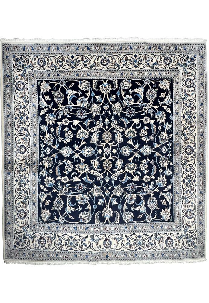 6'6 x 6'8 square Persian Nain rug with navy blue field, ivory floral medallion, and detailed vine scroll design