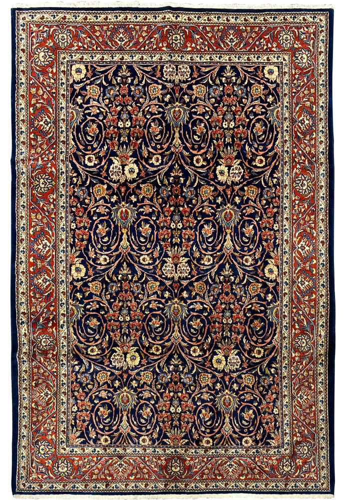 Hand knotted Persian Sarough rug with navy field and floral allover design, 7'2 x 10'8 size