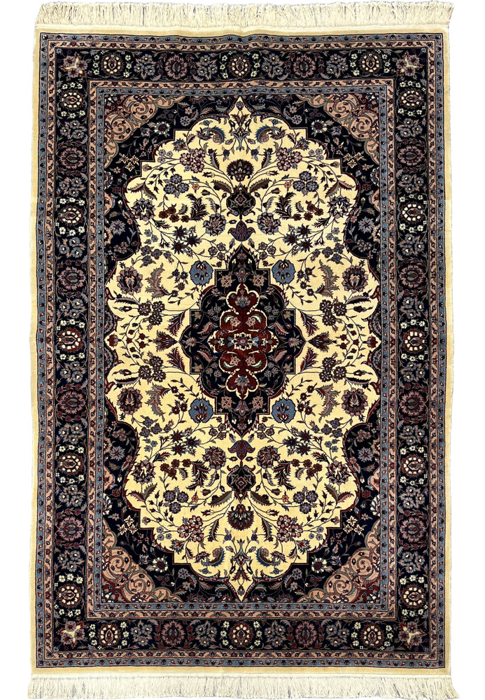 5'2 x 8 Persian Tabriz rug with ivory field, central medallion, and dark navy floral border