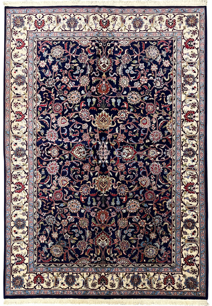 Full view of 5'7 x 8 Persian Sarough kork rug with dense floral allover design on deep navy background