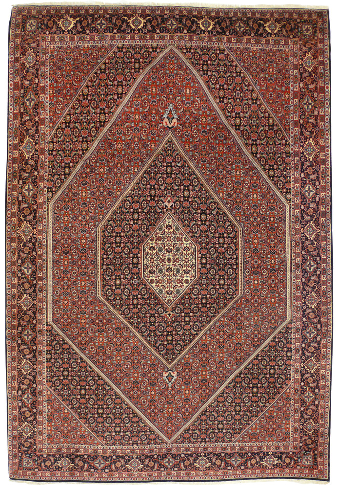 Hand knotted 6'8 x 10'4 Bijar Persian iron rug with red geometric medallion and dark navy border shown flat on white background