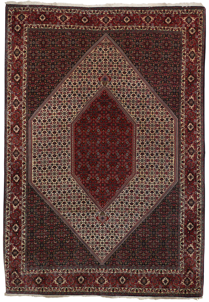 6'9 x 10 Persian Bijar rug full view with bold geometric medallion and red ivory field