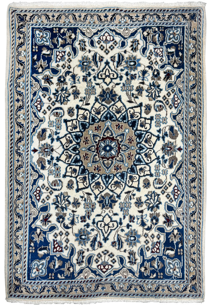 Hand knotted 3 x 4'7 Persian Nain rug with ivory field and blue floral medallion, wool pile and cotton foundation