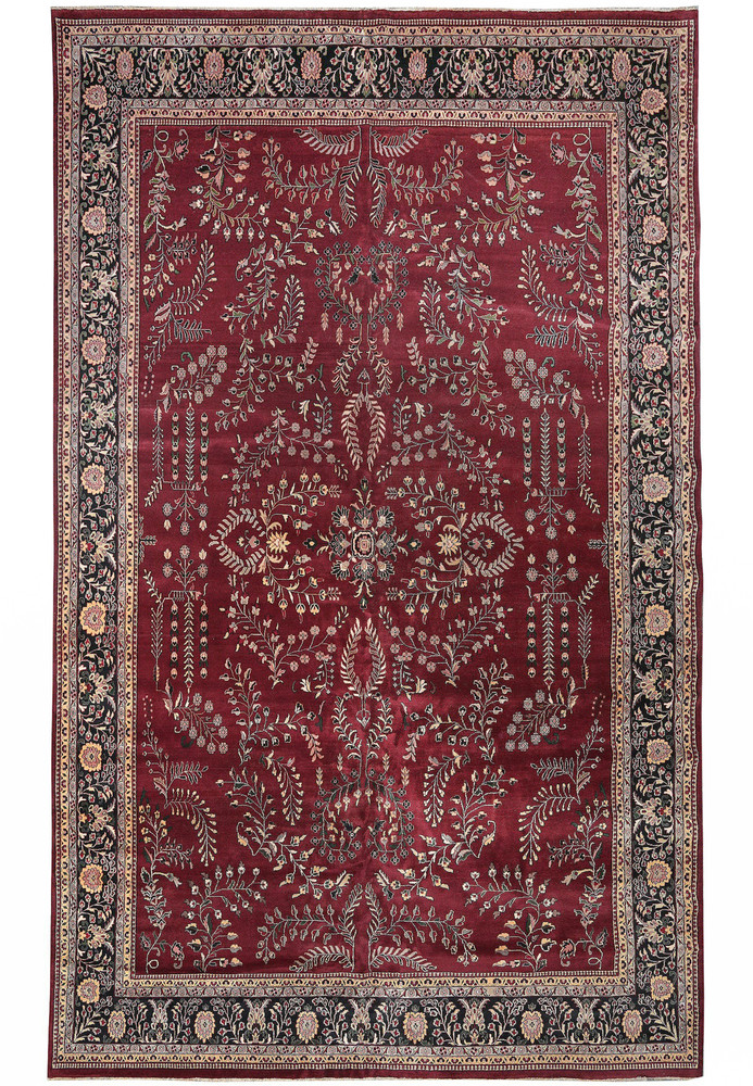 Oversize 12x20 oriental Sarough rug with deep red field and traditional floral allover design